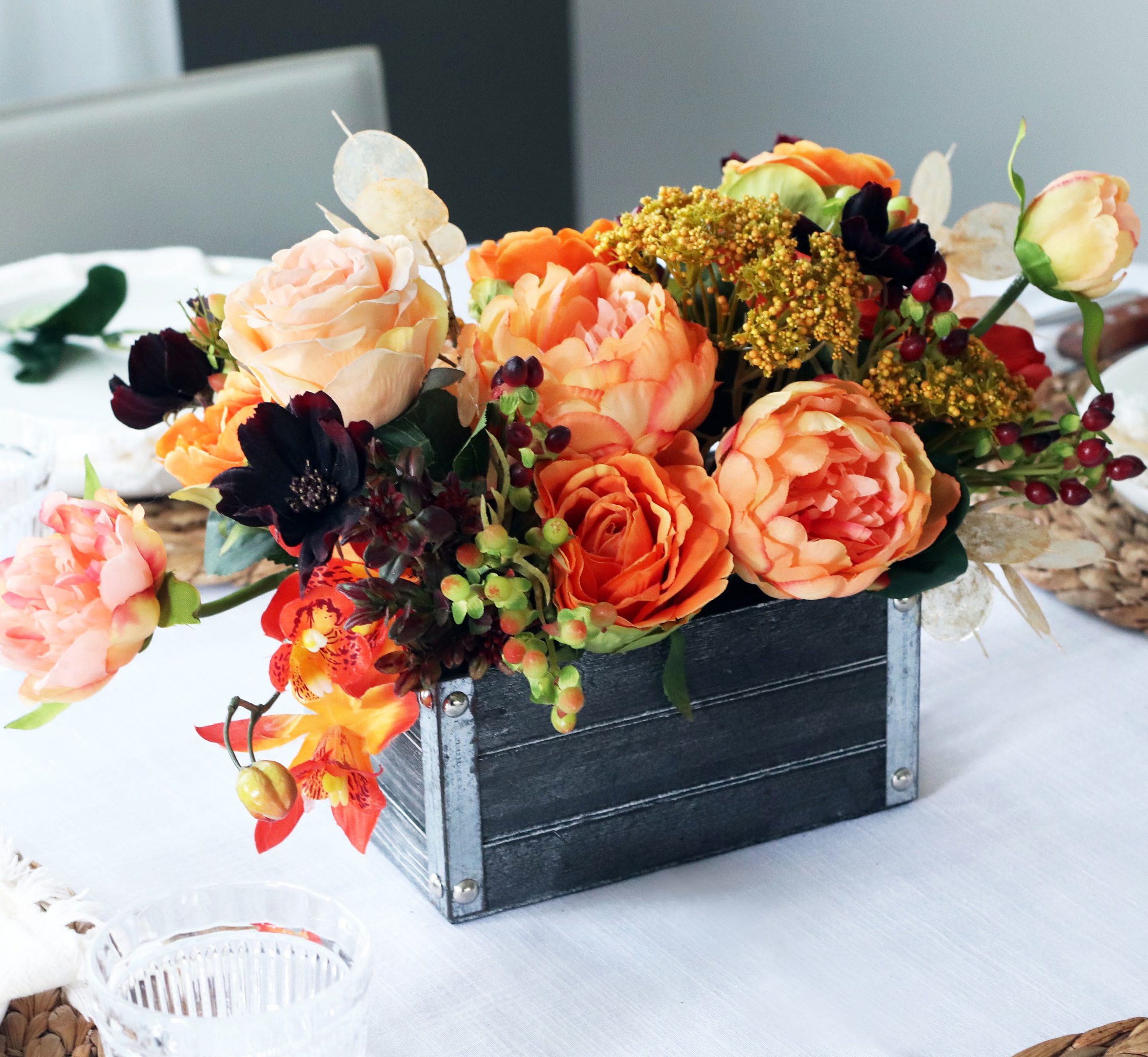 Fall Centrepiece with Autumn Flowers in Wooden Box